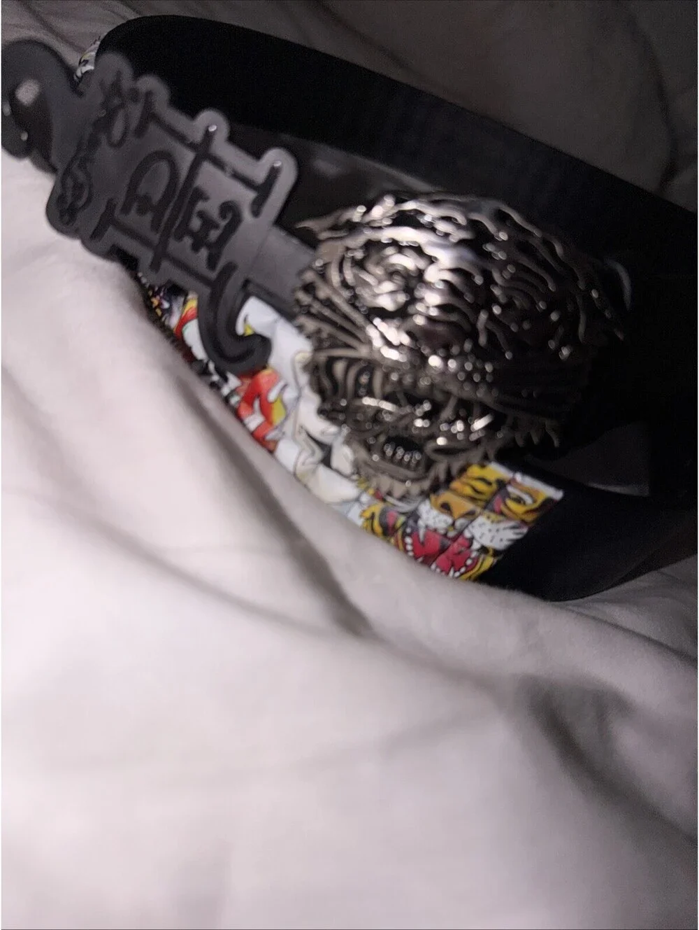 Ed Hardy Size 36 Men's belt Tattoo style Print, With Hammered Rivet Studs New